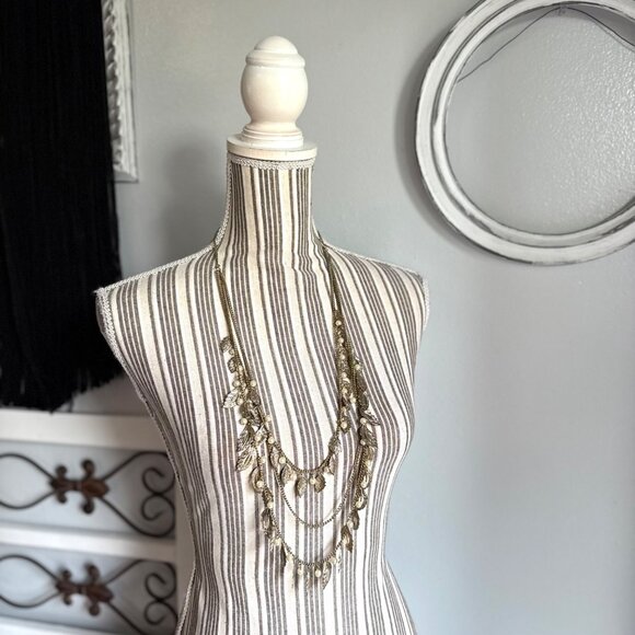 Long Gold Tone Multi-Chain Necklace with Faux Pearls and Leaves - Picture 2 of 5